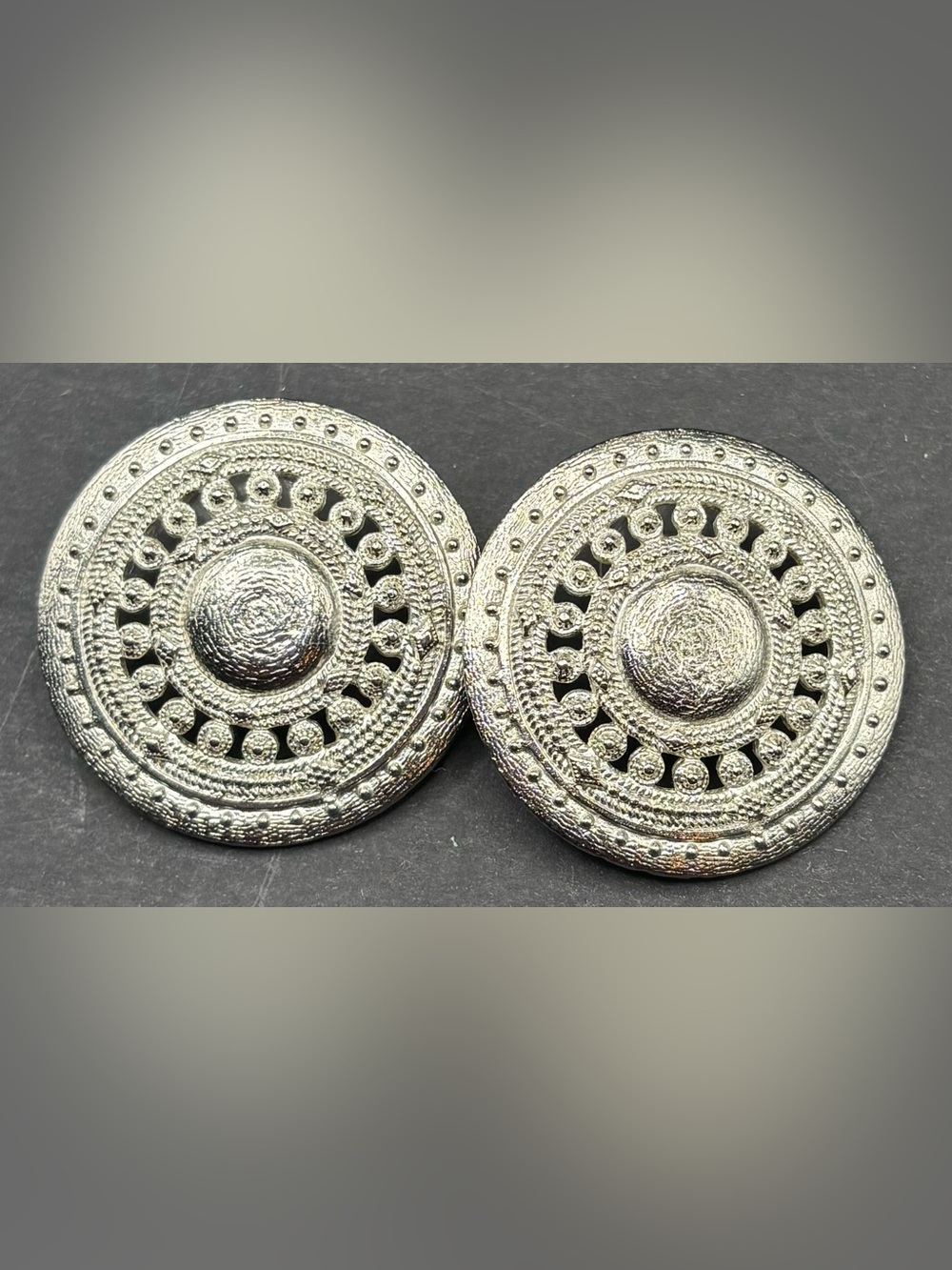 Vintage Silver Tone Large Boho Shield Disc Earrings Mandala Tribal Statement